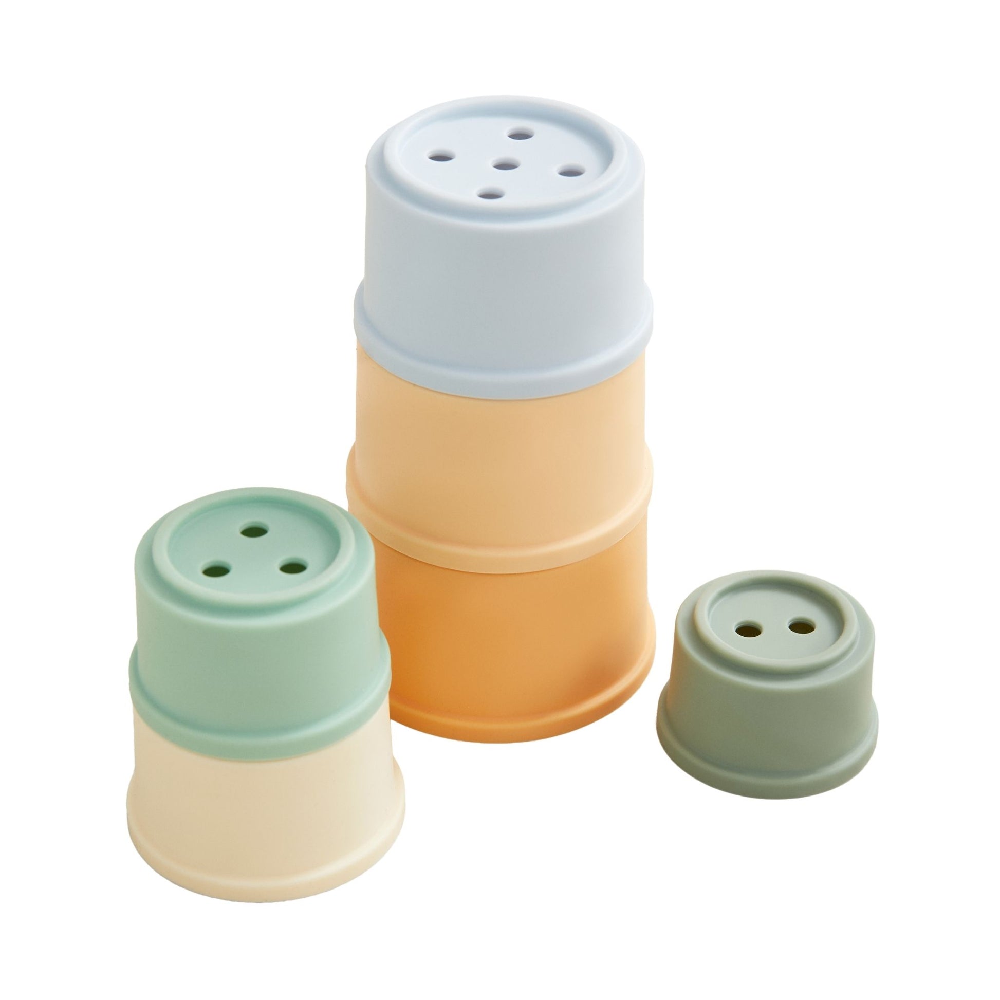 Three colorful ceramic salt and pepper shakers in pastel green, cream, and blue for a baby gift set 9-12 months