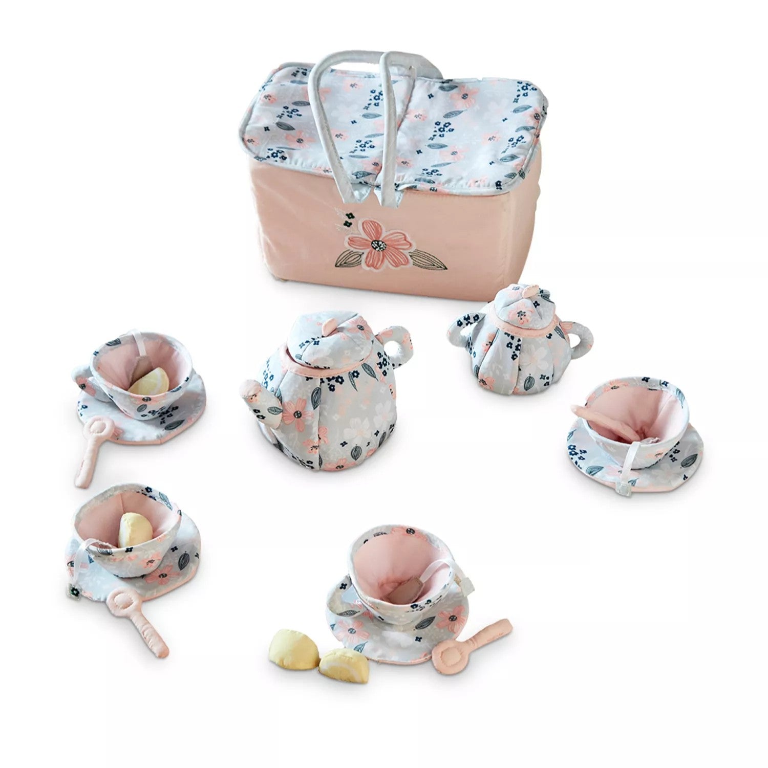 Plush tea set for toddlers with floral pattern teapot, cups, saucers and storage basket
