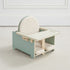 Solid wood baby chair with a light blue base and beige cushion.
