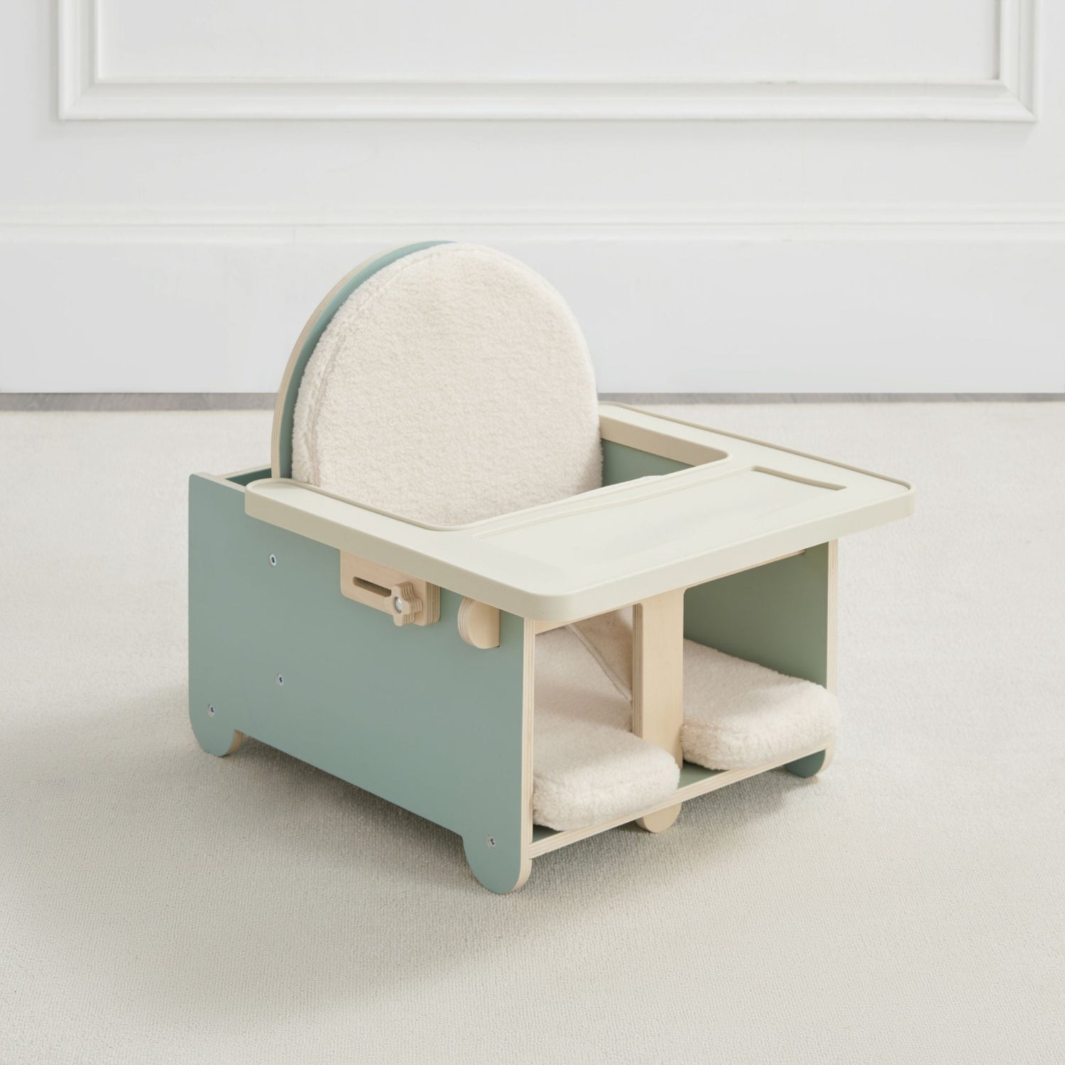 Solid wood baby chair with a light blue base and beige cushion.