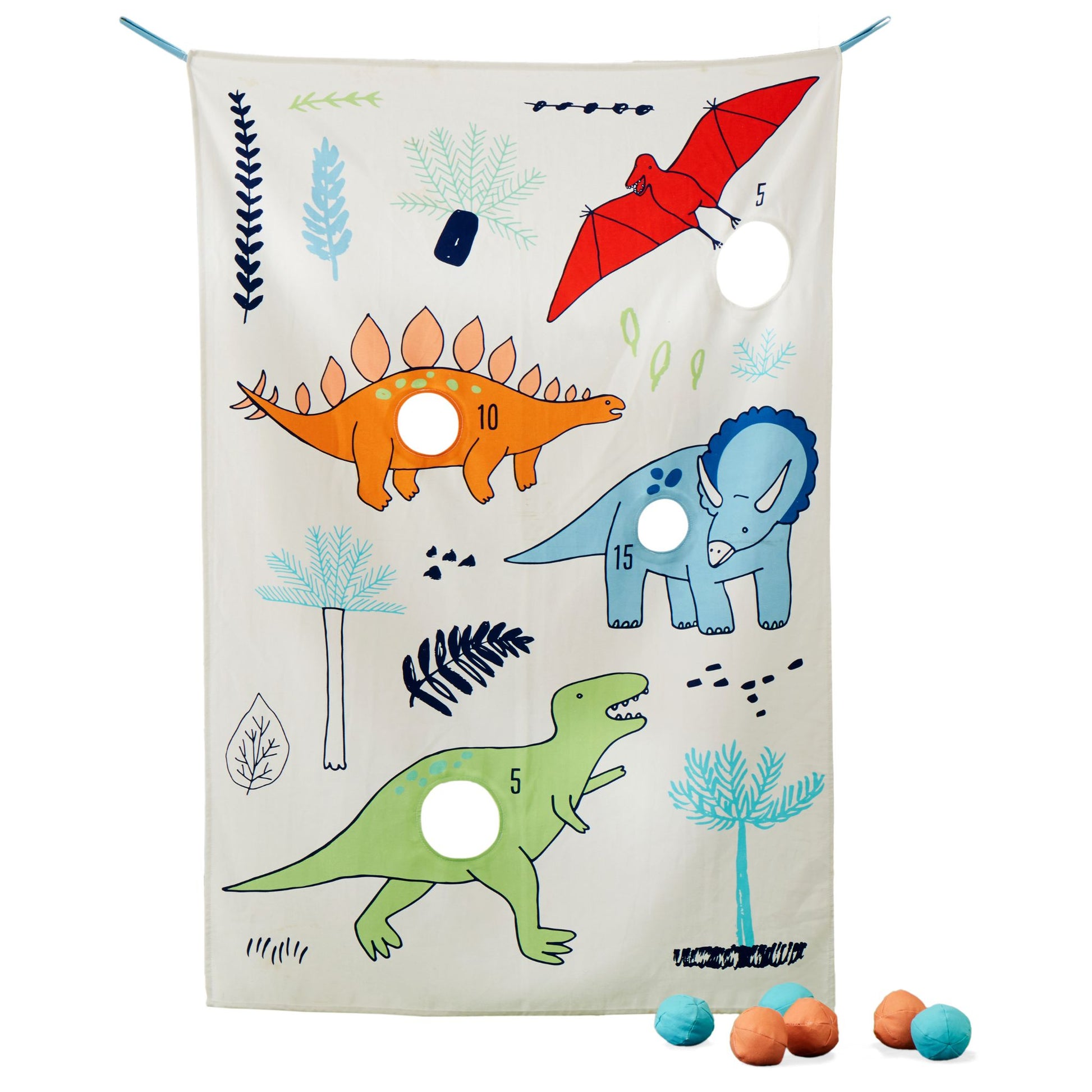 Dino doorway bean bag toss for kids with dinosaurs and bean bags