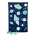 Space-themed doorway bean bag toss game with planets, rocket, and stars on navy backdrop