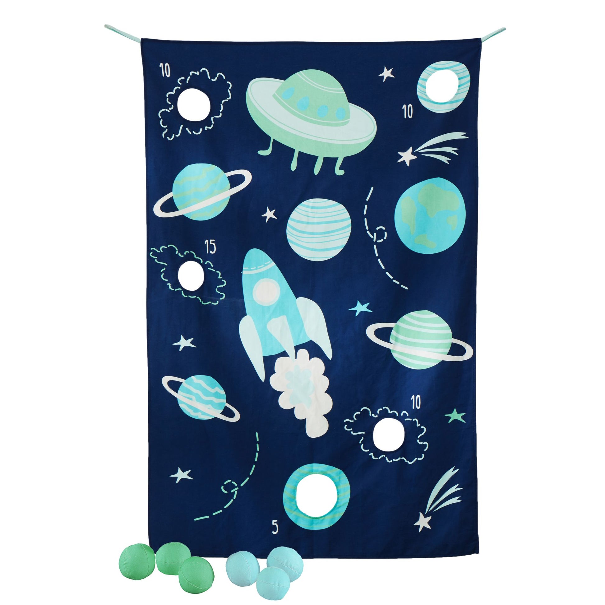 Space-themed doorway bean bag toss game with planets, rocket, and stars on navy backdrop