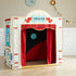 Children's playhouse with red curtain and 'Theater' sign, space theme on inside interior.