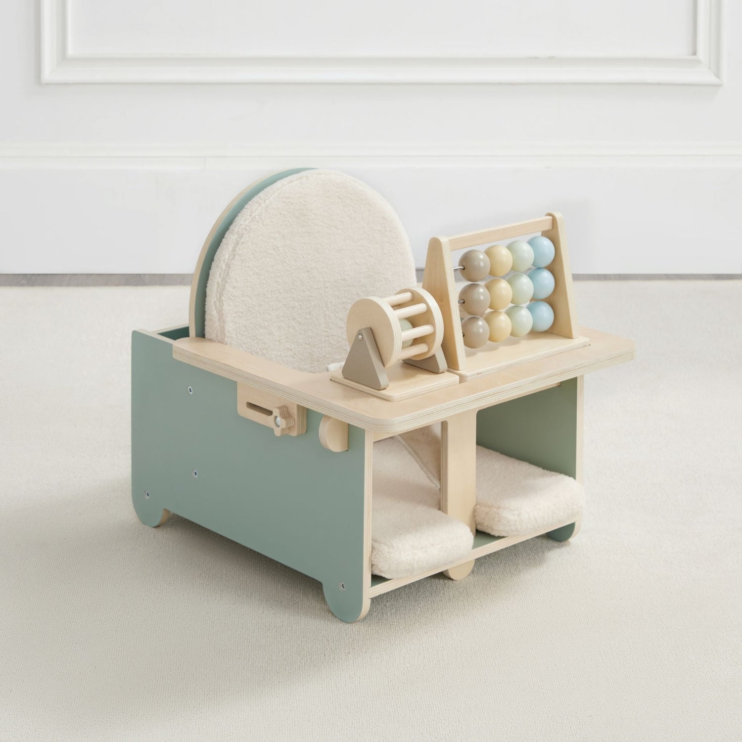 Children's wooden play set with various educational toys for babies 5+ months.