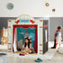 Children's playhouse with a theater sign and curtains, with two children playing inside.