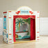 Children's play theater with a red curtain and elephant illustration on a wooden floor.