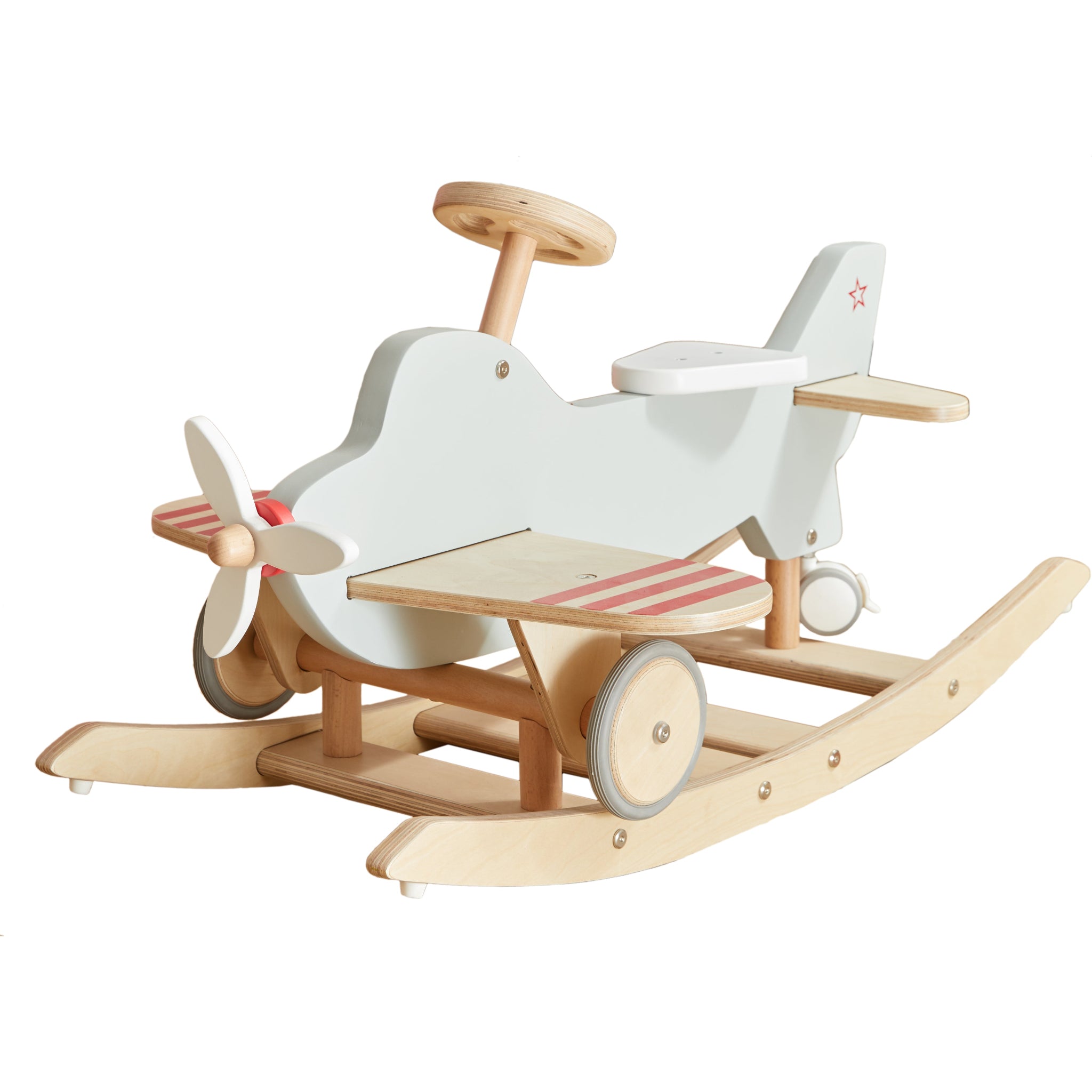 Front side view of the Airplane Rocker & Ride On on its curved rocker base, showing the tail fin and star
