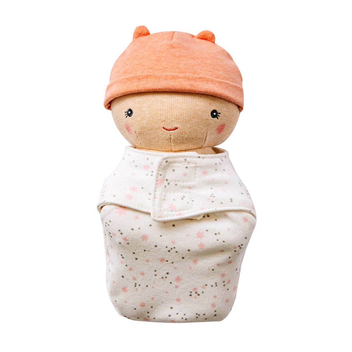 Bundle Baby Cookie doll with a peach knit cap and stitched face, swaddled in a white blanket with pink stars