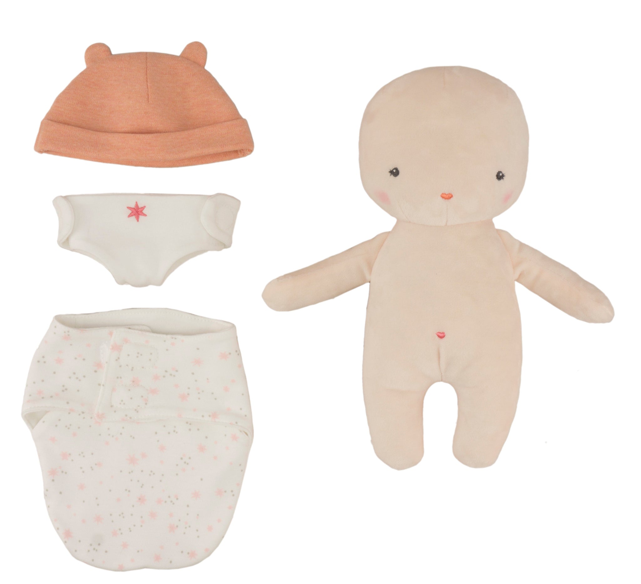 Cookie doll in a white diaper and peach cap next to its swaddle.