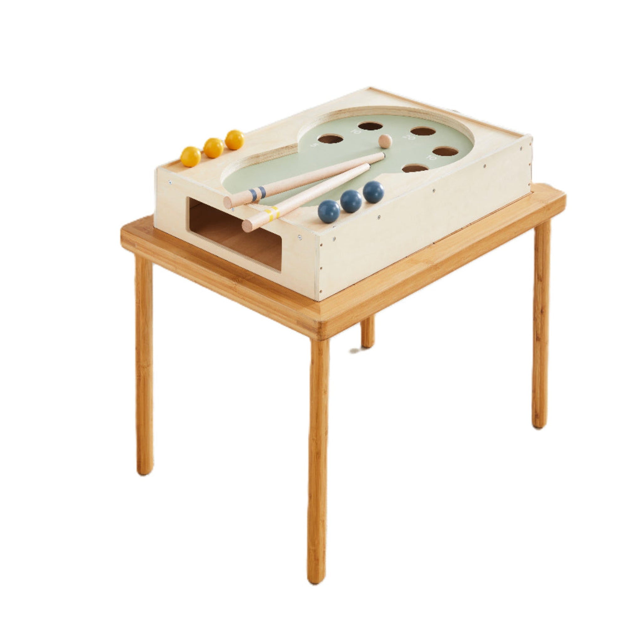 Cool Pool wooden tabletop game with cues and yellow and blue balls set on top of the Land, Sand and Water Table
