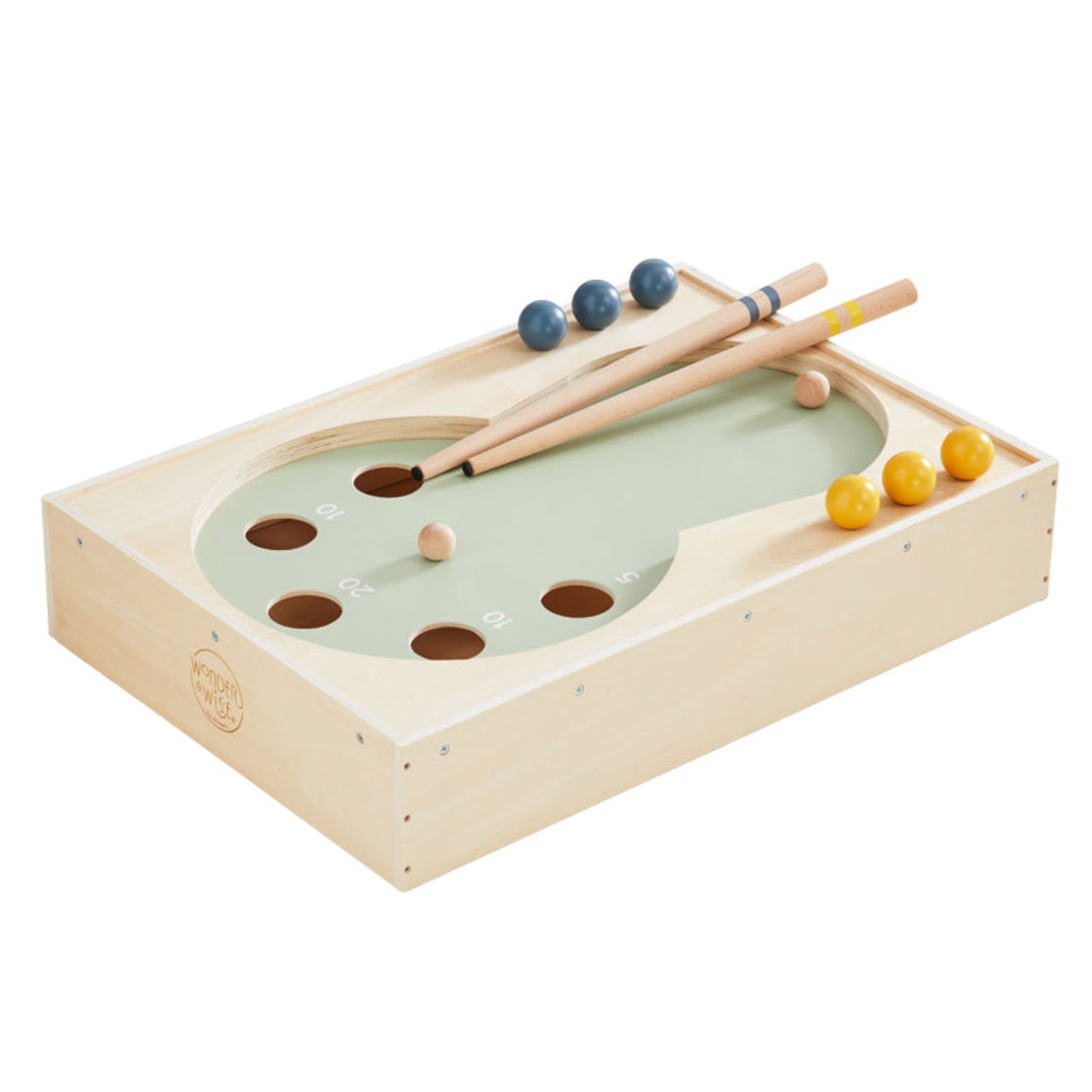 Cool Pool wooden tabletop pool game with sage green playfield, two cues and blue and yellow wooden balls
