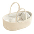 Doll Carrier woven cream rope basket with two handles, gray striped lining, pillow, blanket and plush bottle