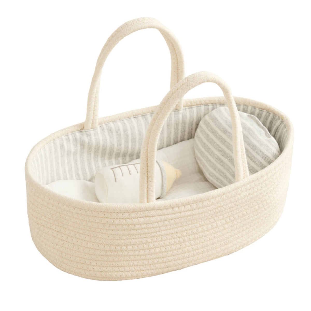 Doll Carrier woven cream rope basket with two handles, gray striped lining, pillow, blanket and plush bottle