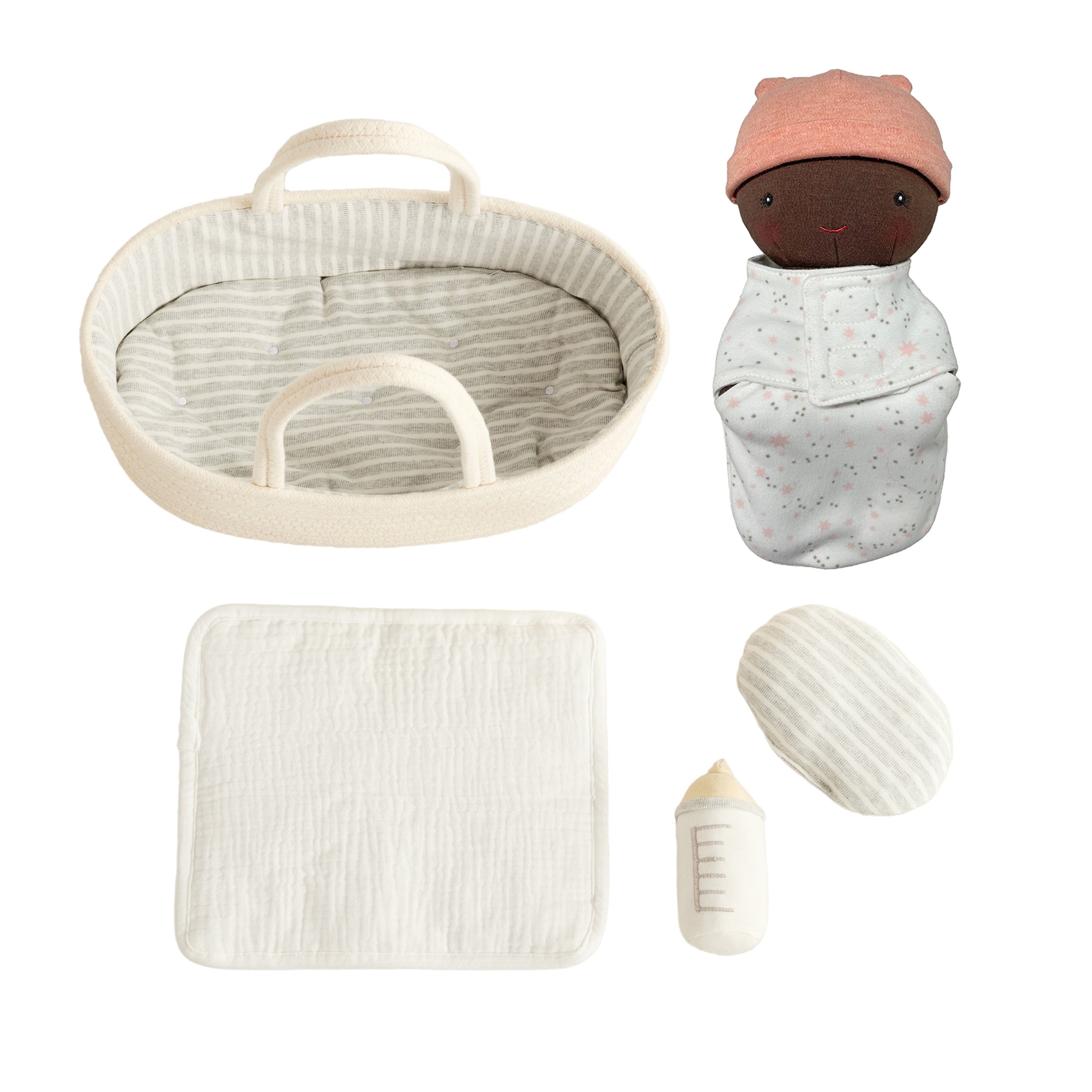 The Doll Carrier from the Doll Carrier and Bundle Baby Sweet Pea set, with striped lining, pillow and plush bottle
