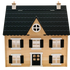 Dollhouse front view with black shingled roof, dormer window, and five shuttered windows