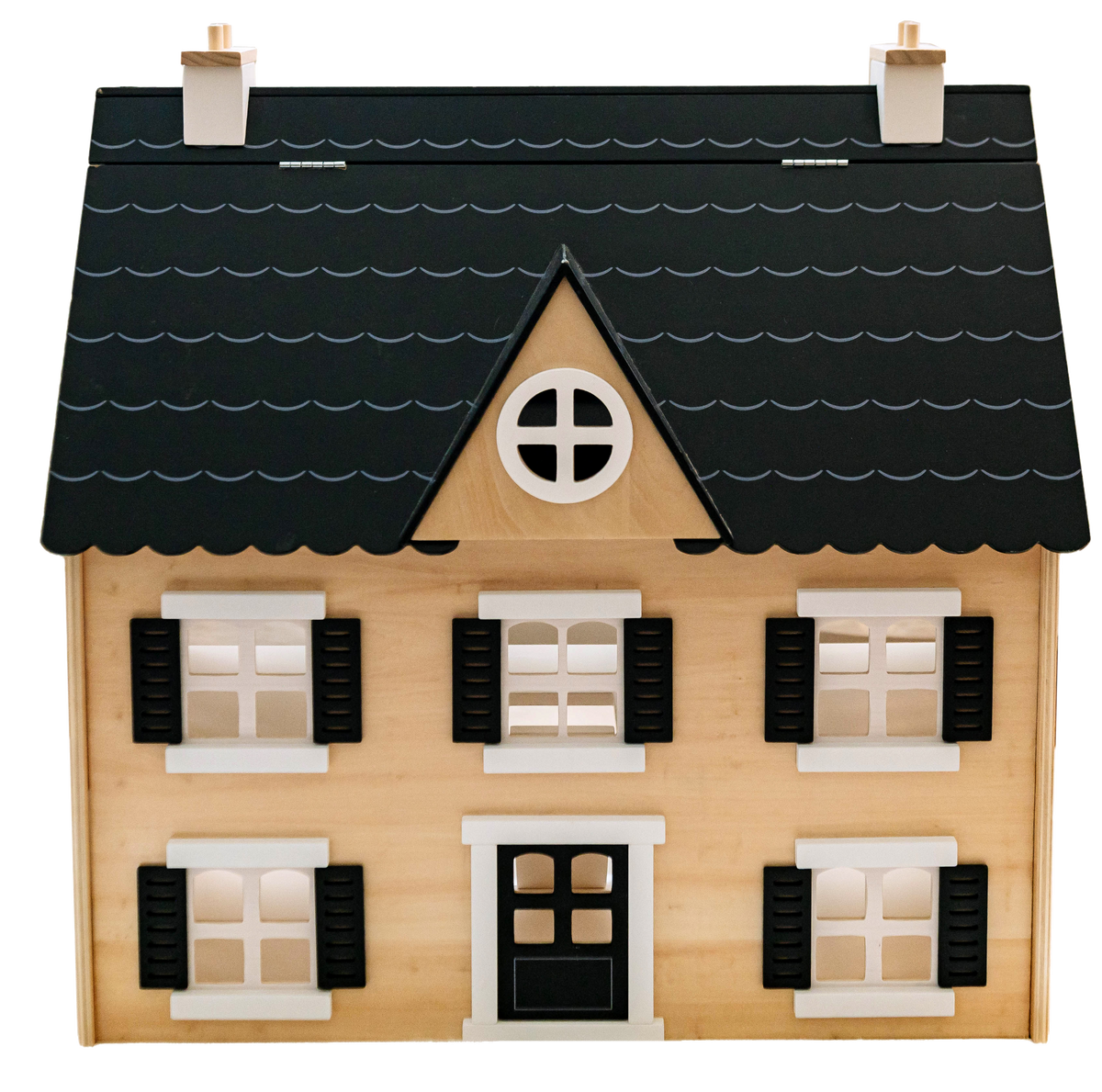 Dollhouse front view with black shingled roof, dormer window, and five shuttered windows