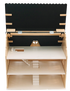 Dollhouse with roof lifted open to show three cream-colored floors, two staircases and attic space inside