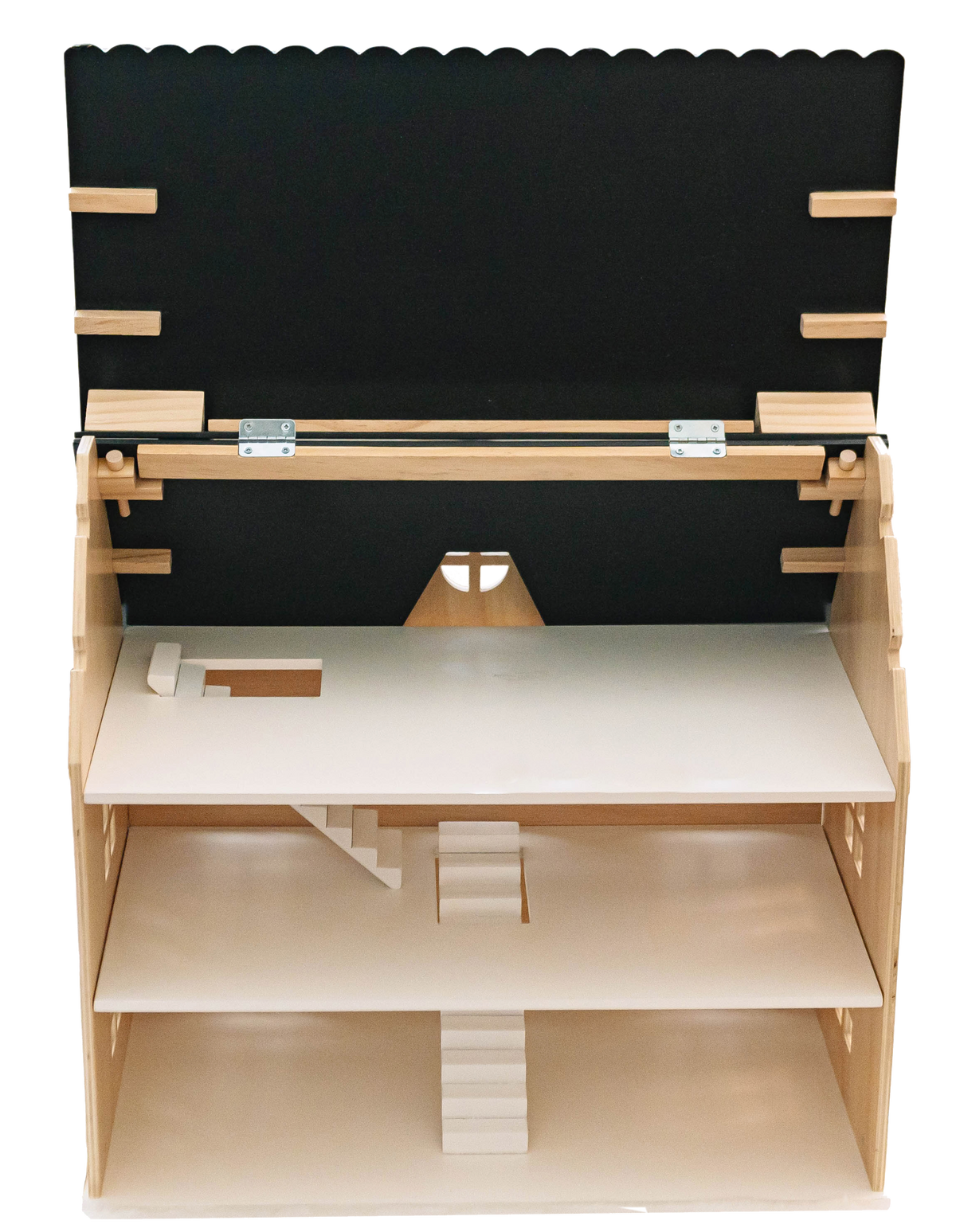 Dollhouse with roof lifted open to show three cream-colored floors, two staircases and attic space inside
