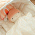 Close-up of the Cookie doll in the Dots and Rainbows Doll Carrier, with its rainbow pillow and dotted blanket