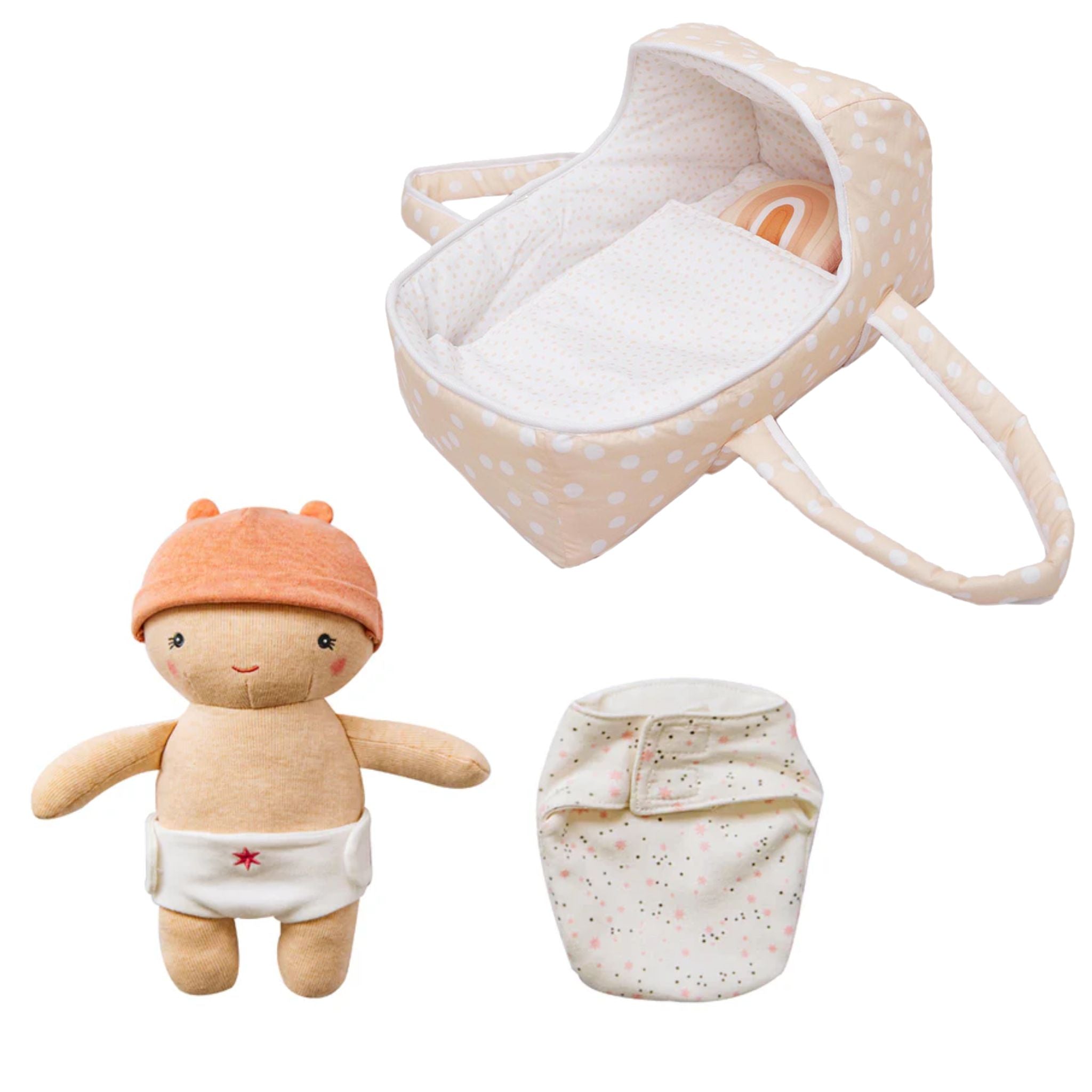 Dots and Rainbows Doll Carrier shown with the Cookie doll in its peach cap and the star-print swaddle

