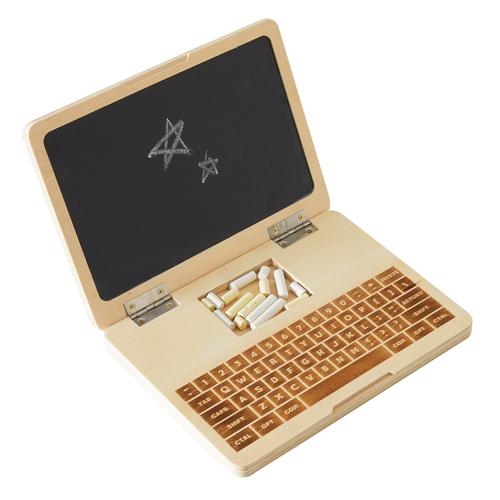Nonstop Laptop wooden toy open to its chalkboard screen with etched keyboard and chalk sticks in the tray

