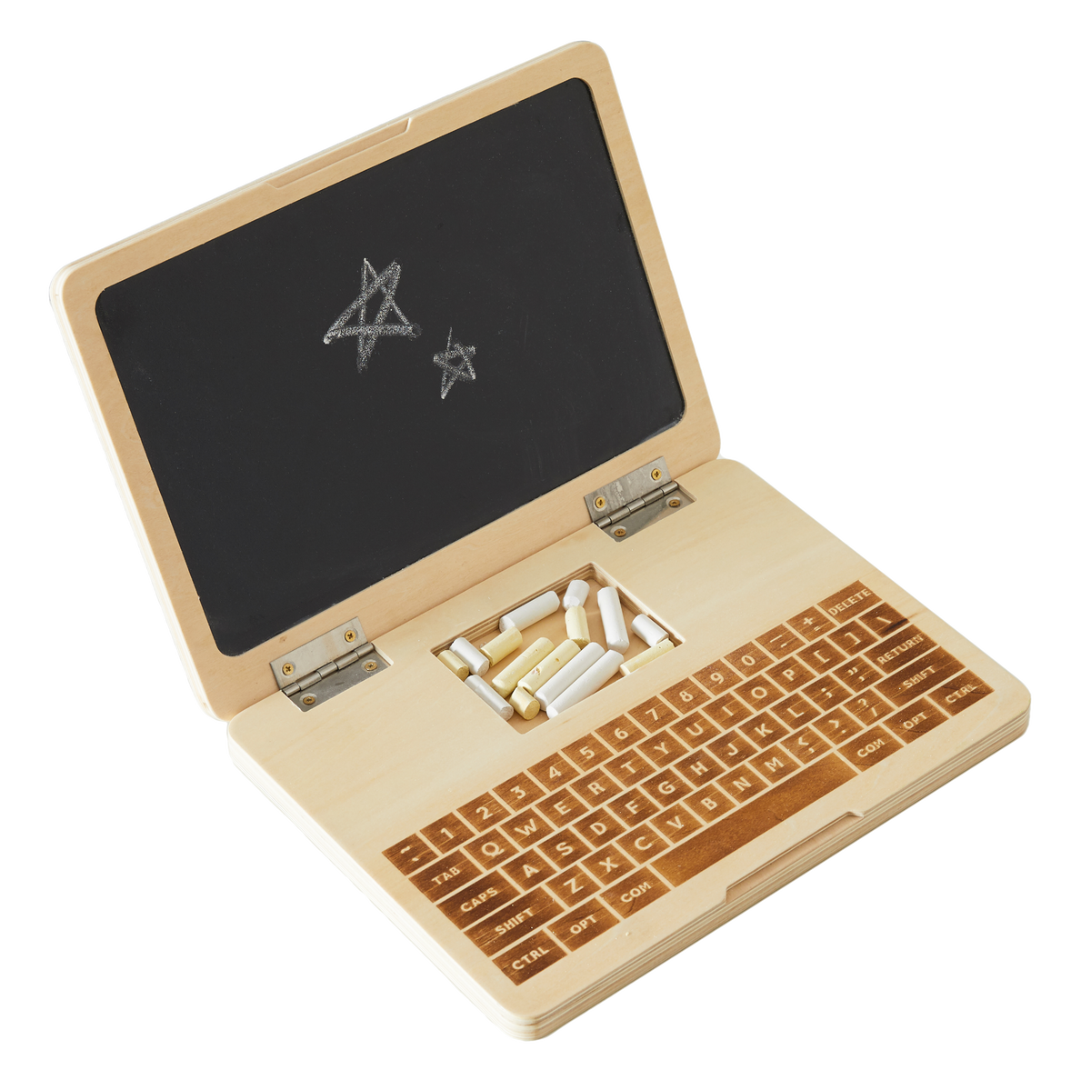Nonstop Laptop wooden toy open to its chalkboard screen with etched keyboard and chalk sticks in the tray