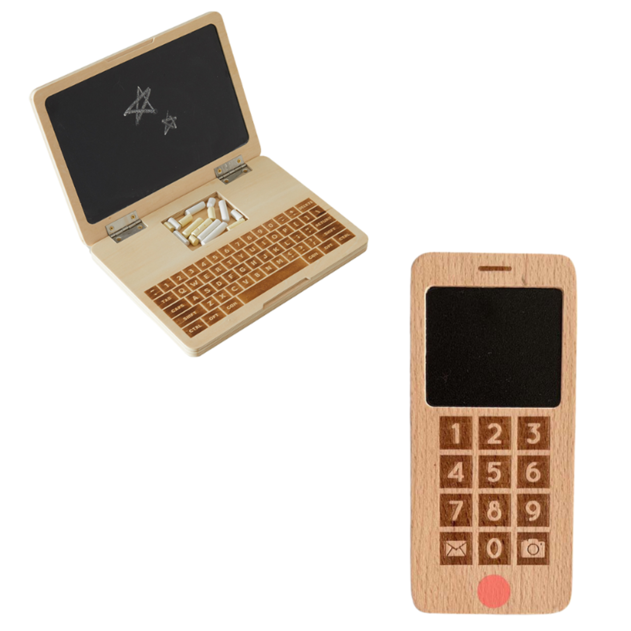 Nonstop Laptop and My Own Cell Phone together: wooden laptop with chalkboard screen and chalk, beech phone with keypad
