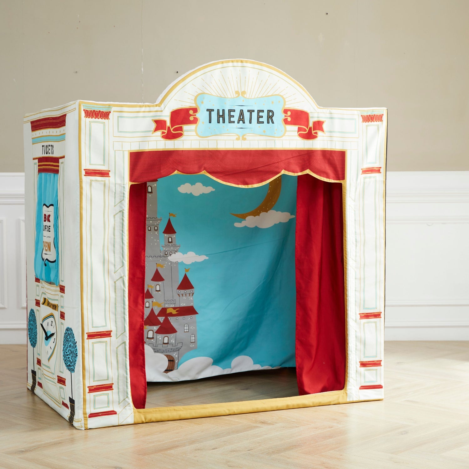 Children's playhouse with a red curtain and castle design as the interior background.