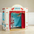 Children's playhouse with a red curtain and castle design as the interior background.