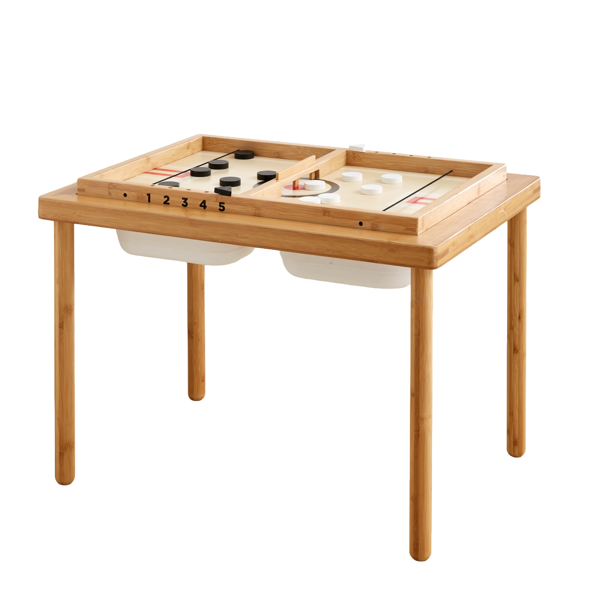 Sling-a-Ling Hockey game set into the bamboo Land, Sand and Water Table, on a black background
