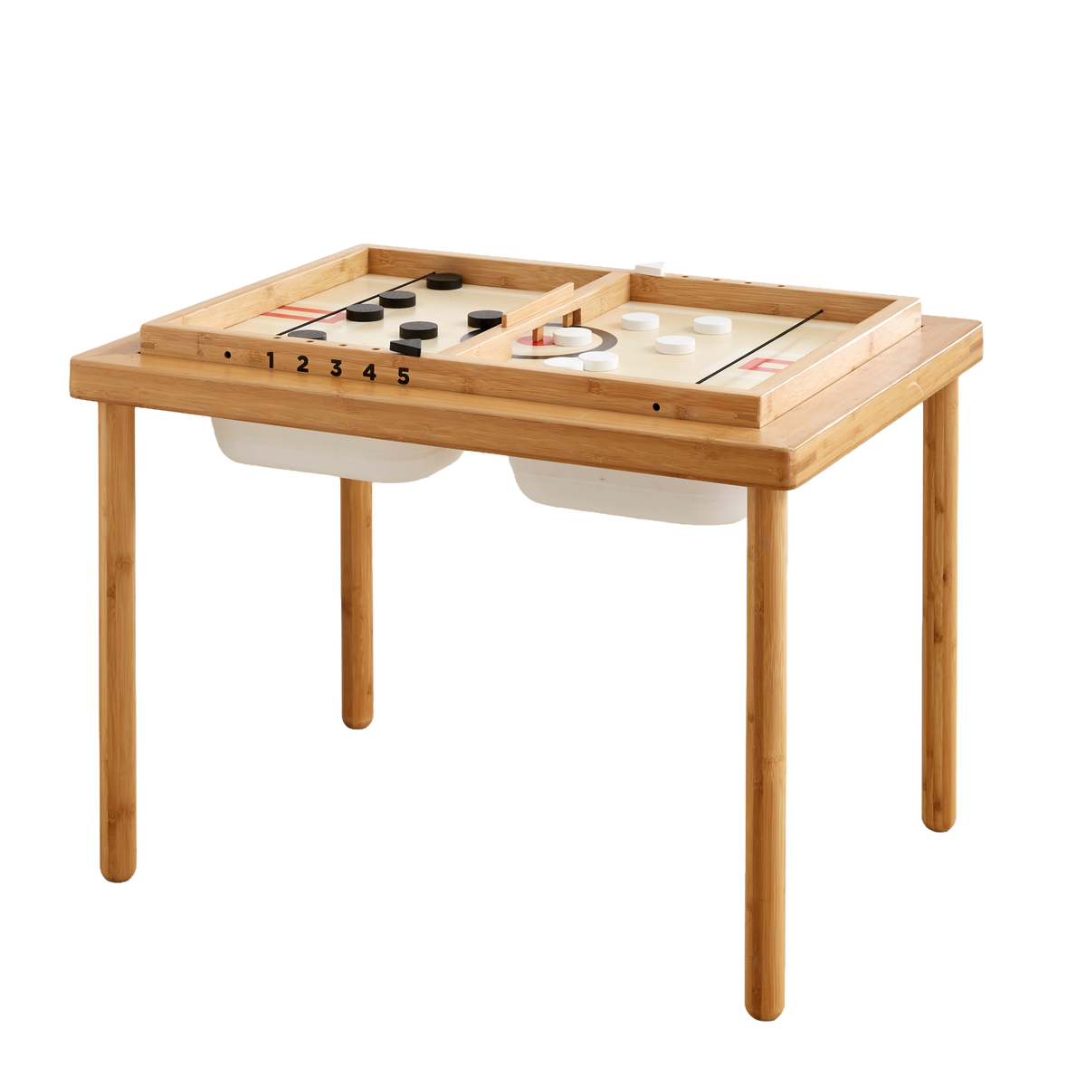 Sling-a-Ling Hockey game set into the bamboo Land, Sand and Water Table, on a black background