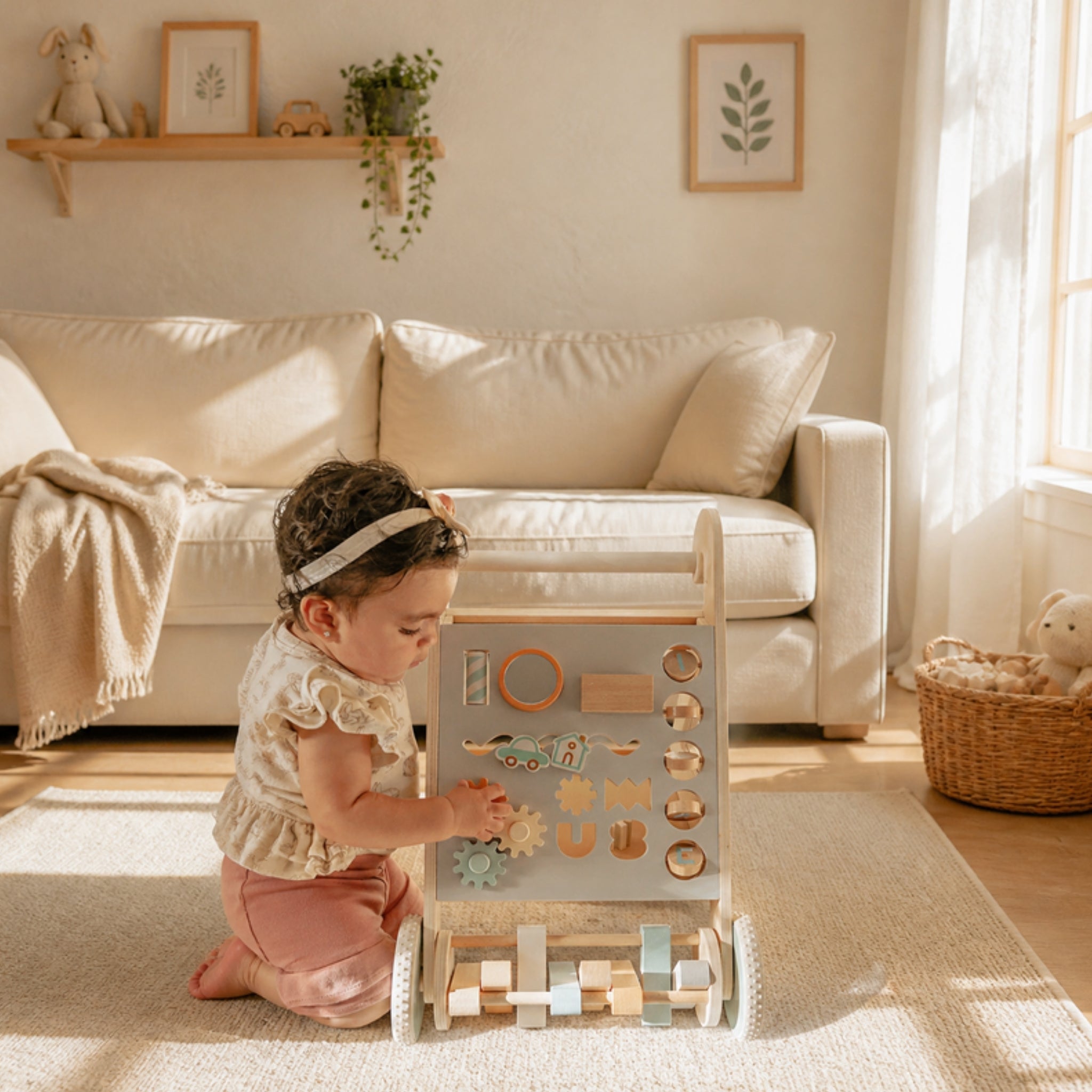 Baby kneeling in front of the Step Right Up Activity Walker turning the gears on its gray play panel
