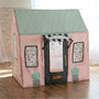 Kids play tent beauty salon with pink fabric, green roof, windows and black door