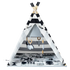 Black and white striped baby activity teepee with wooden poles, hanging elephant and wooden ring toys, and a quilted ABC play mat inside