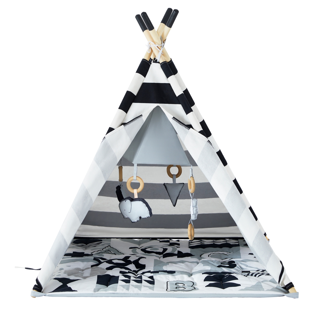 Black and white striped baby activity teepee with wooden poles, hanging elephant and wooden ring toys, and a quilted ABC play mat inside