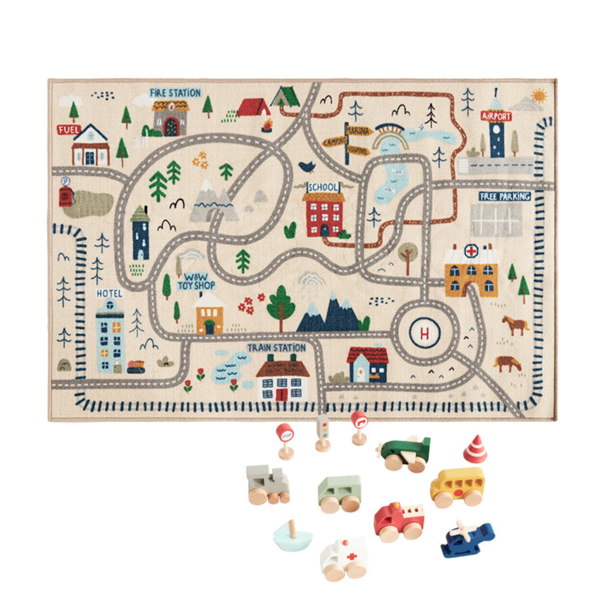 Town play mat with roads, buildings, and wooden toy cars