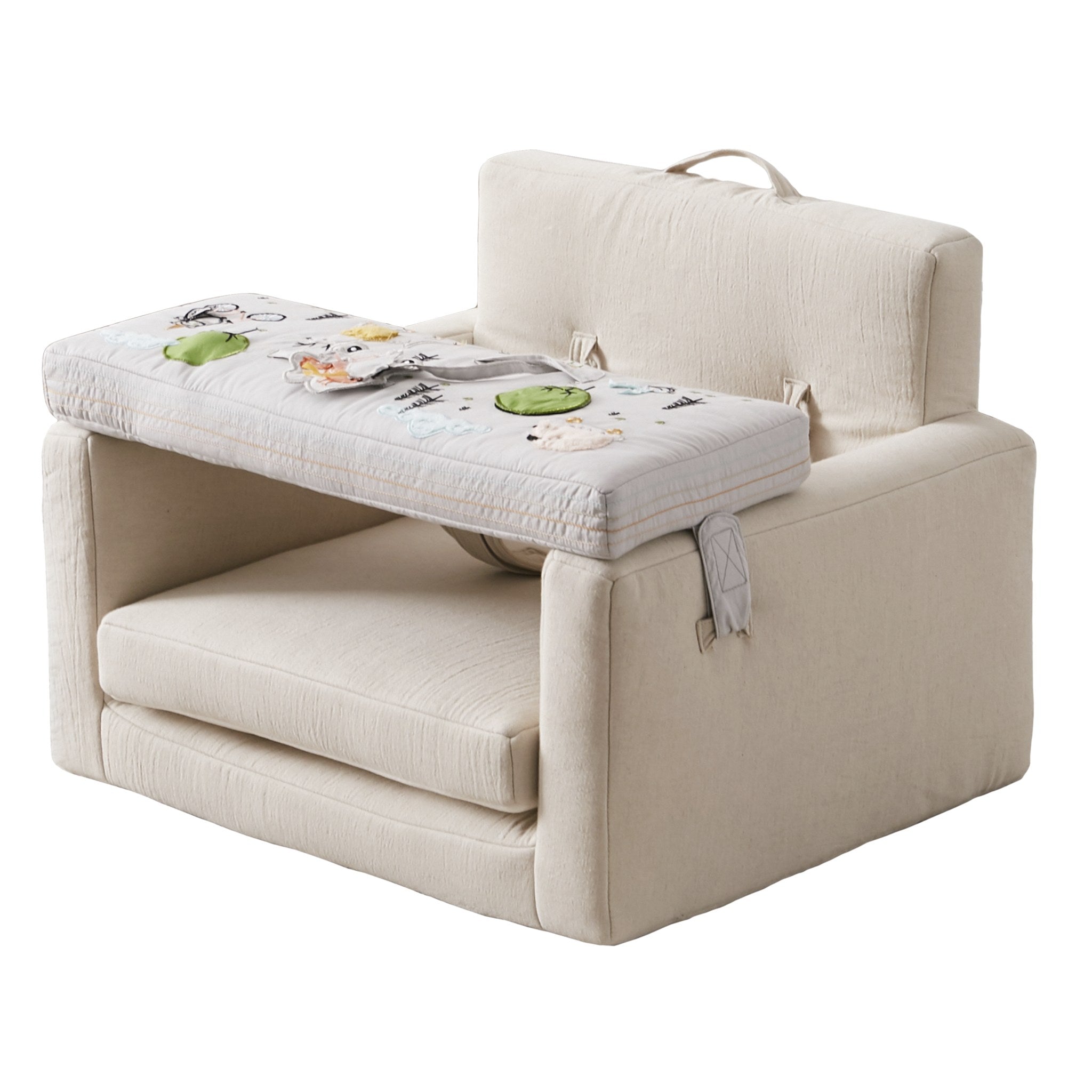 Rolling Along Square Chair in cream fabric with an embroidered activity tray and a carry handle