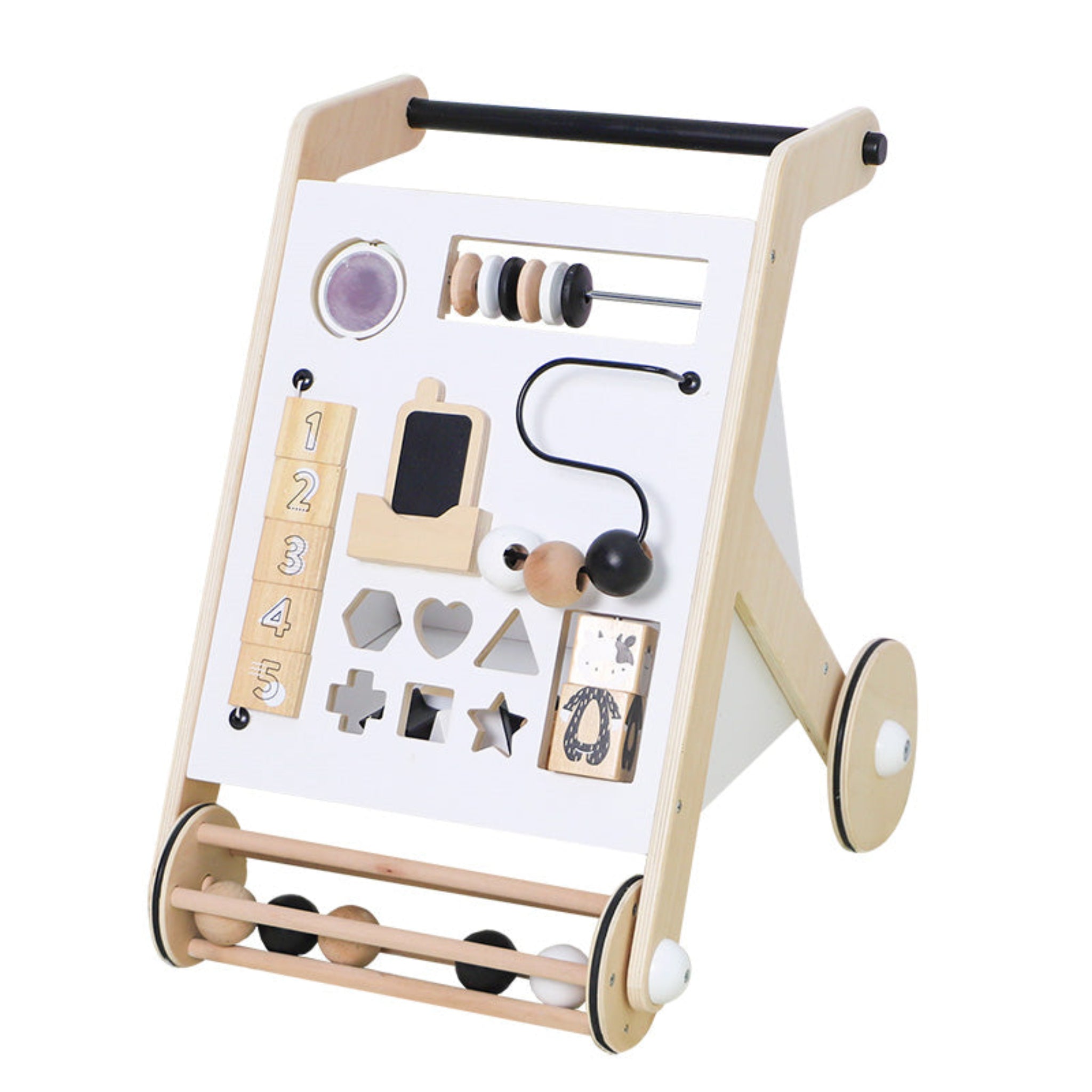 Wooden baby activity walker with numbers, shapes, abacus, and beads