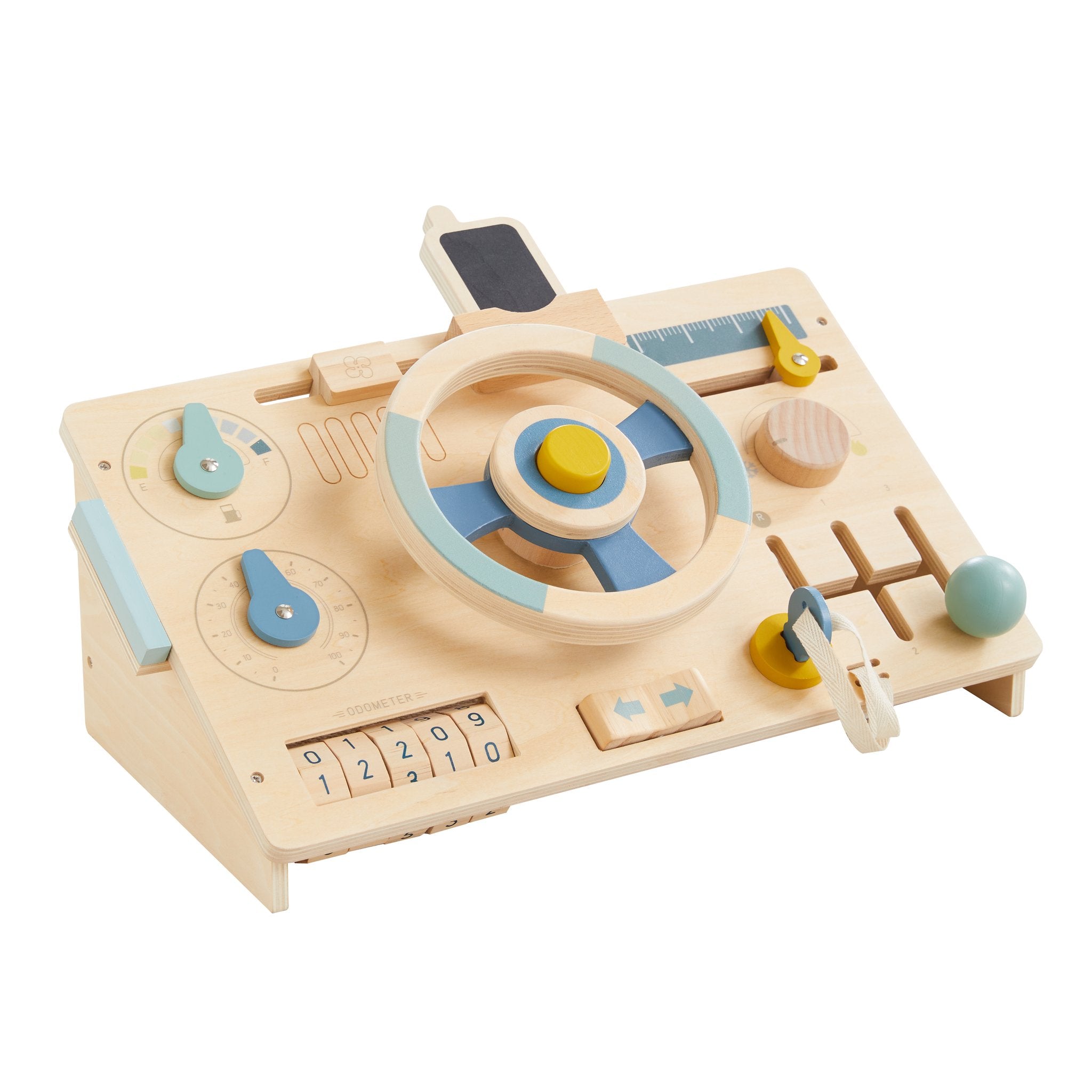 Beep! Beep! Busy Board wooden dashboard with blue steering wheel, dials, odometer, gear shift and chalkboard phone