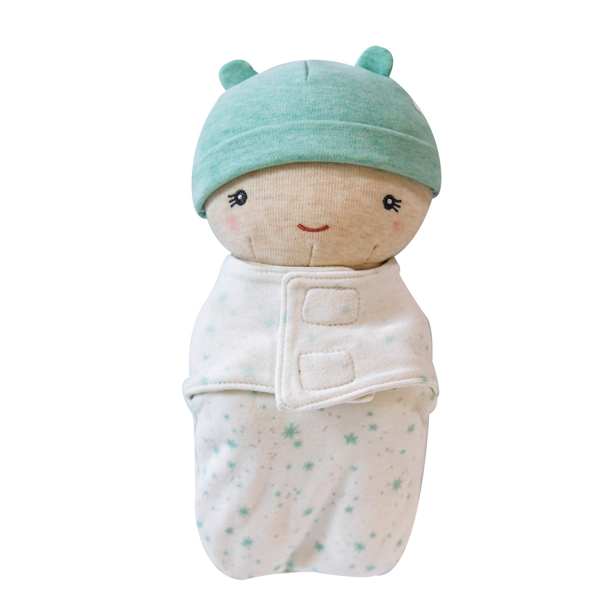 Bundle Baby Doll Bean in a white star-print swaddle, wearing a mint green knit cap with ears