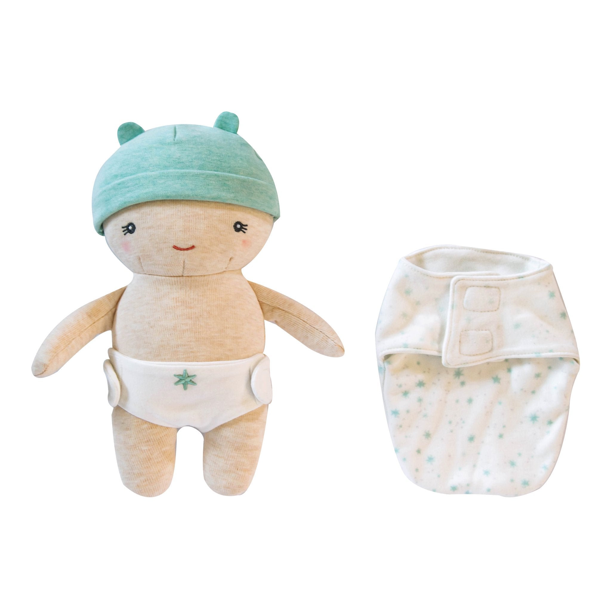 Bundle Baby Doll Bean in a white diaper and mint cap, shown next to the star-print swaddle