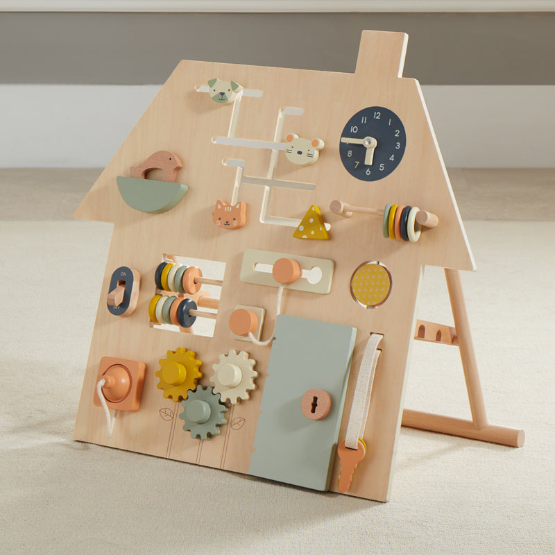 Wooden busy board with house-shaped design and interactive elements for toddler learning