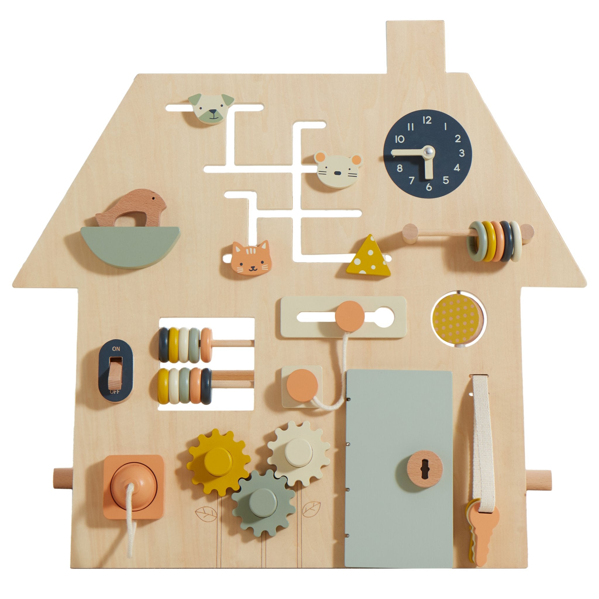 Busy Board house-shaped wooden board with clock, maze, abacus, gears, switch, door and key