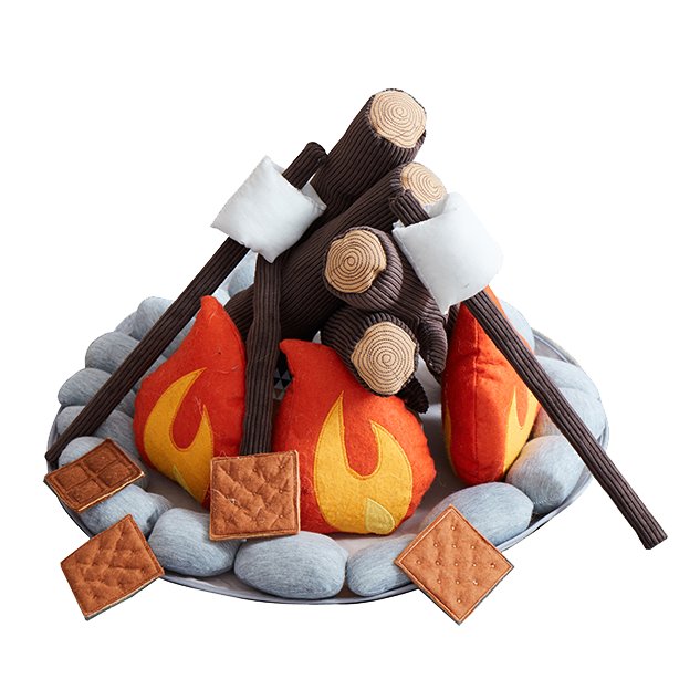 Campout Campfire and S'mores plush set with brown logs, orange flames, gray rock ring, marshmallow sticks and s'mores