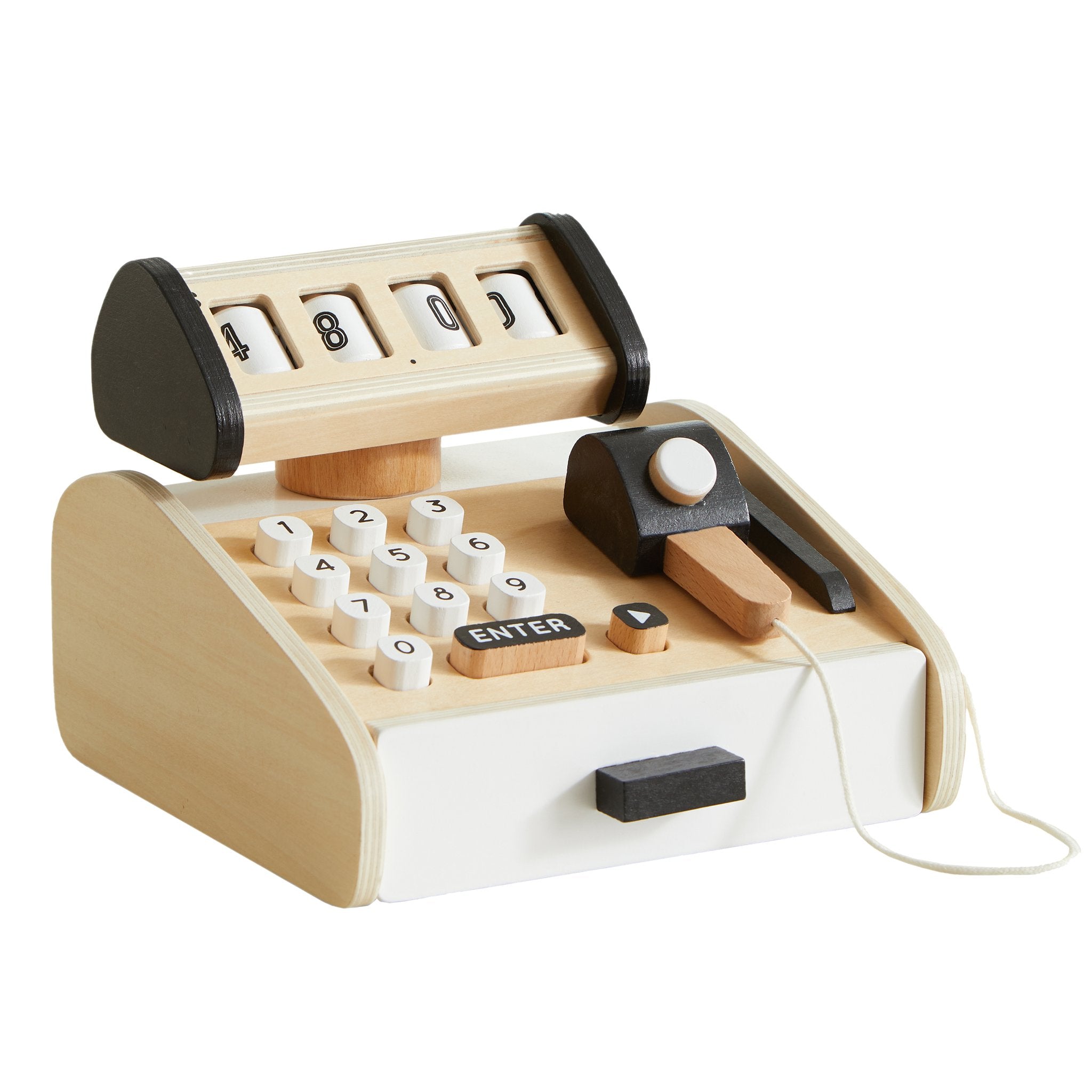 Wooden Cash Register with number keys, a flip-number display, attached scanner and black drawer handle