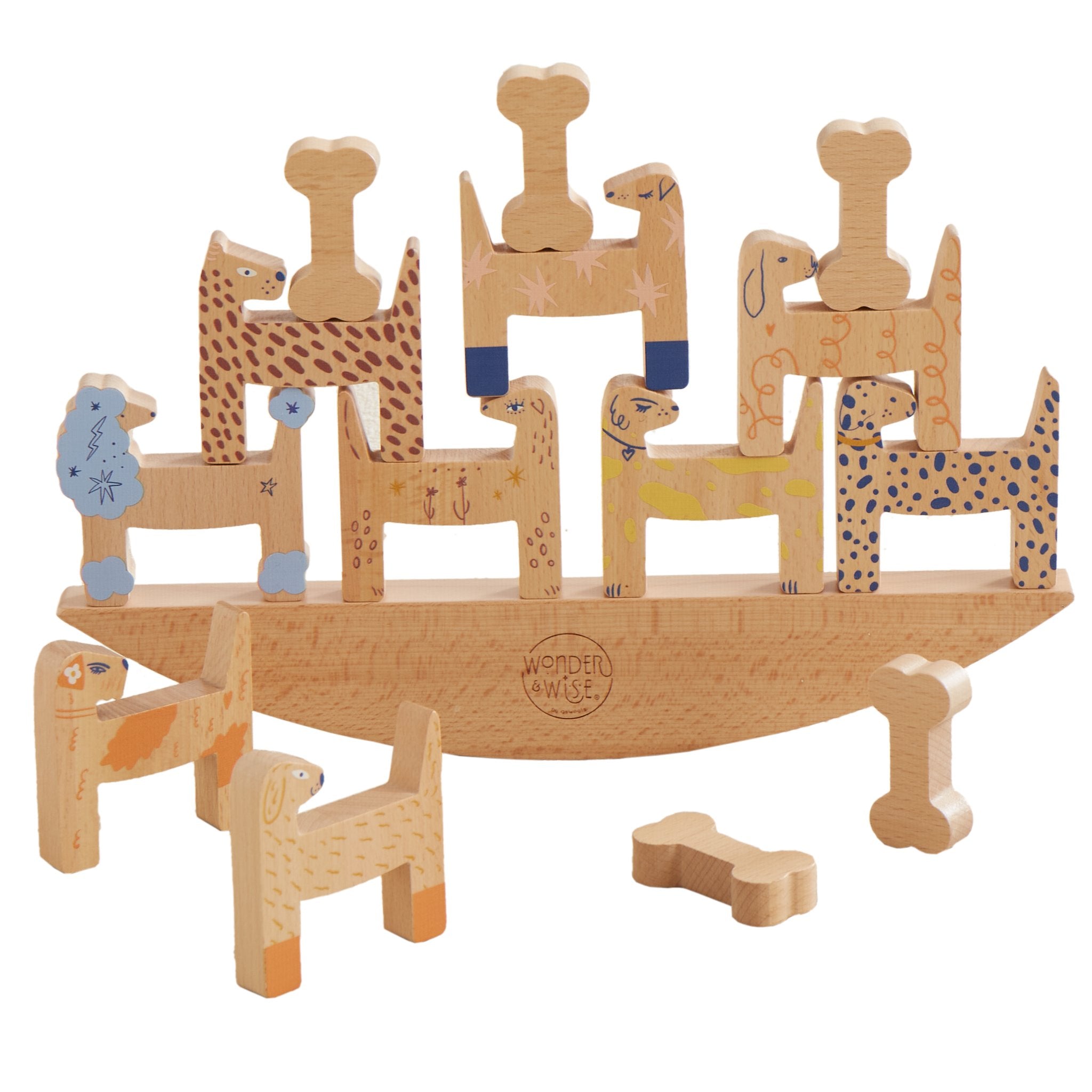 Dog Gone Balancing Game with patterned wooden dogs and bones stacked on the curved rocking base