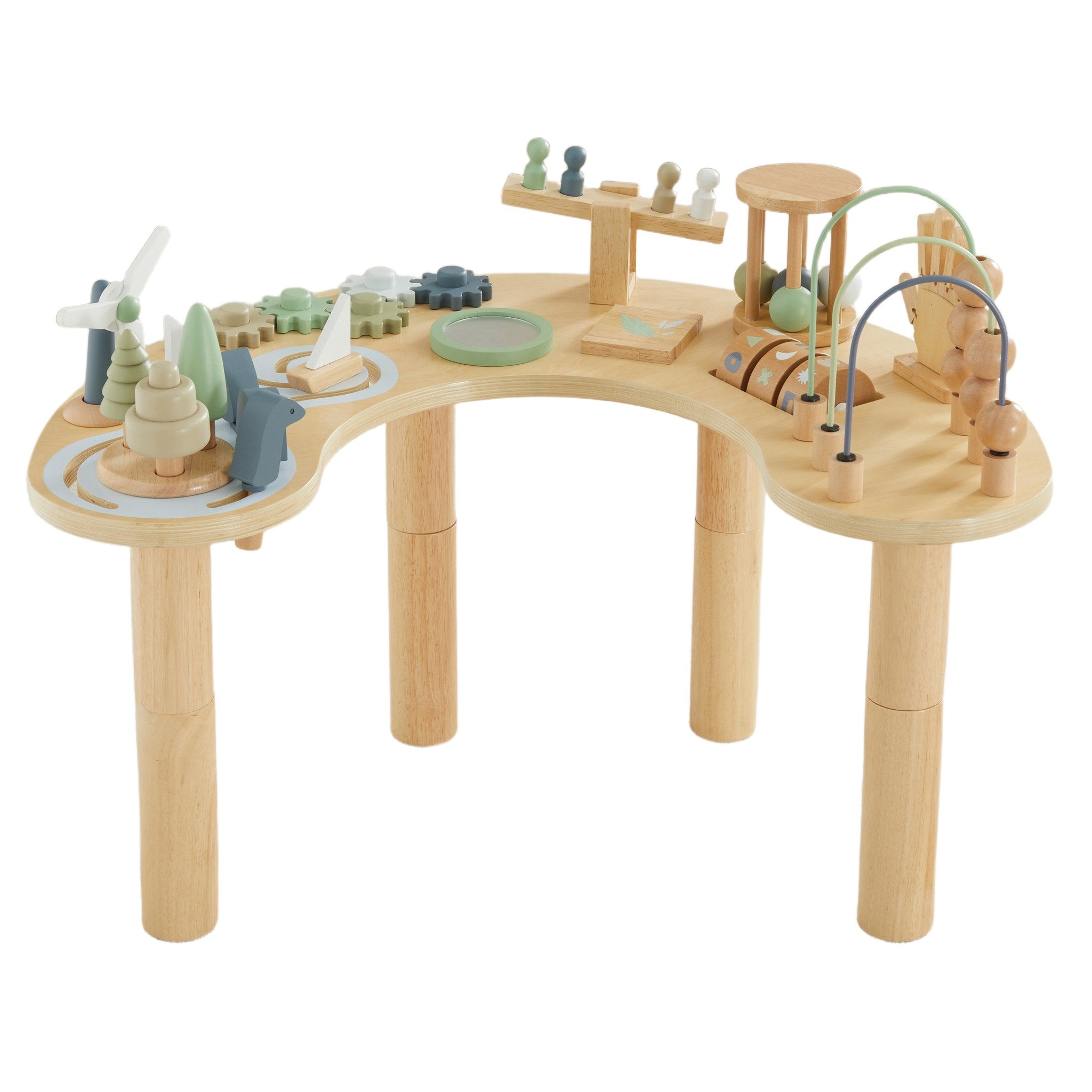 Hi-Lo Activity Table in natural wood with lake maze, windmill, gears, mirror, balance toy and bead maze on top