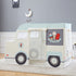 Ice cream truck playhouse tent in child's bedroom with moon and cat wall decor