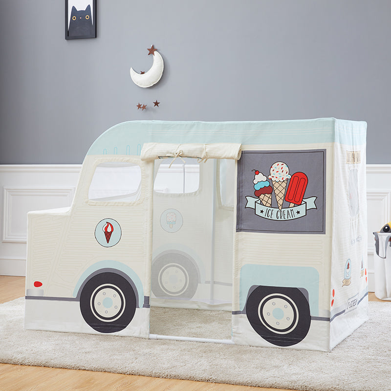 Ice cream truck playhouse tent in child's bedroom with moon and cat wall decor